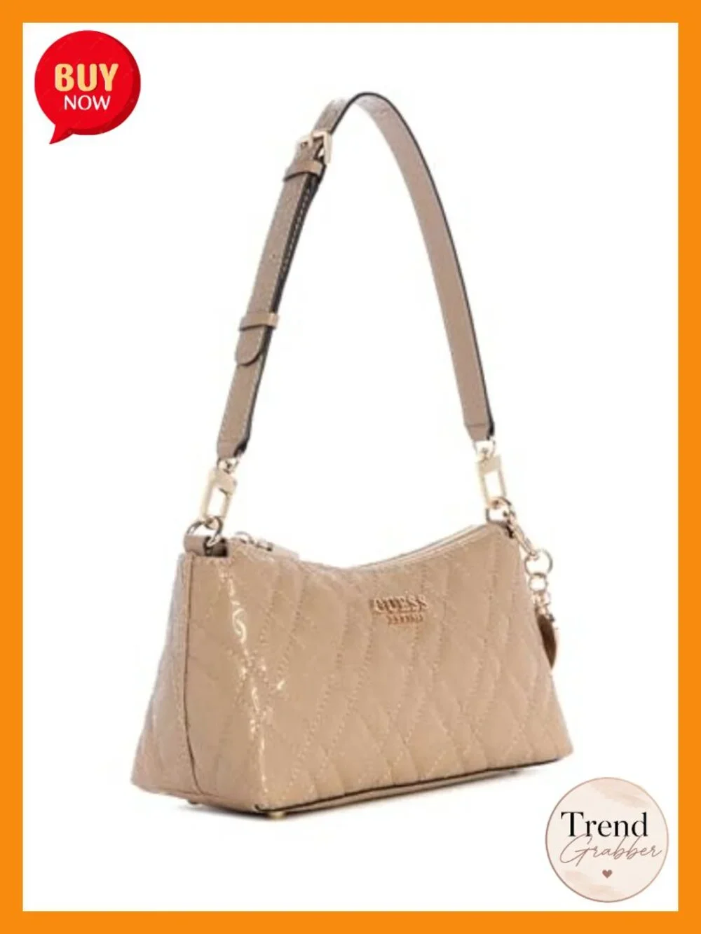 Satchel Shoulder Bag with Removable Charm - Zip & Slip Pockets, Shiny Gold